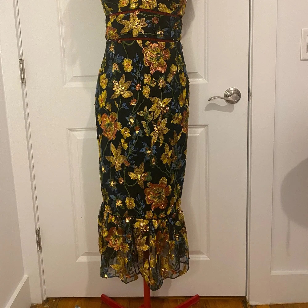 Marchesa Black Floral Embroidered Midi Dress - Picture 5 of 6